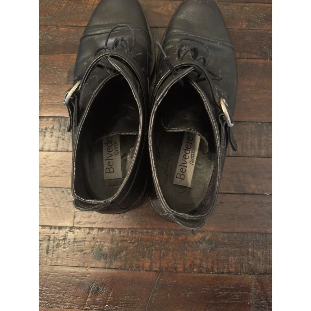 Belvedere Florence Black Leather Cap Toe Monk Strap Chukka Boots Lug Sole 11.5